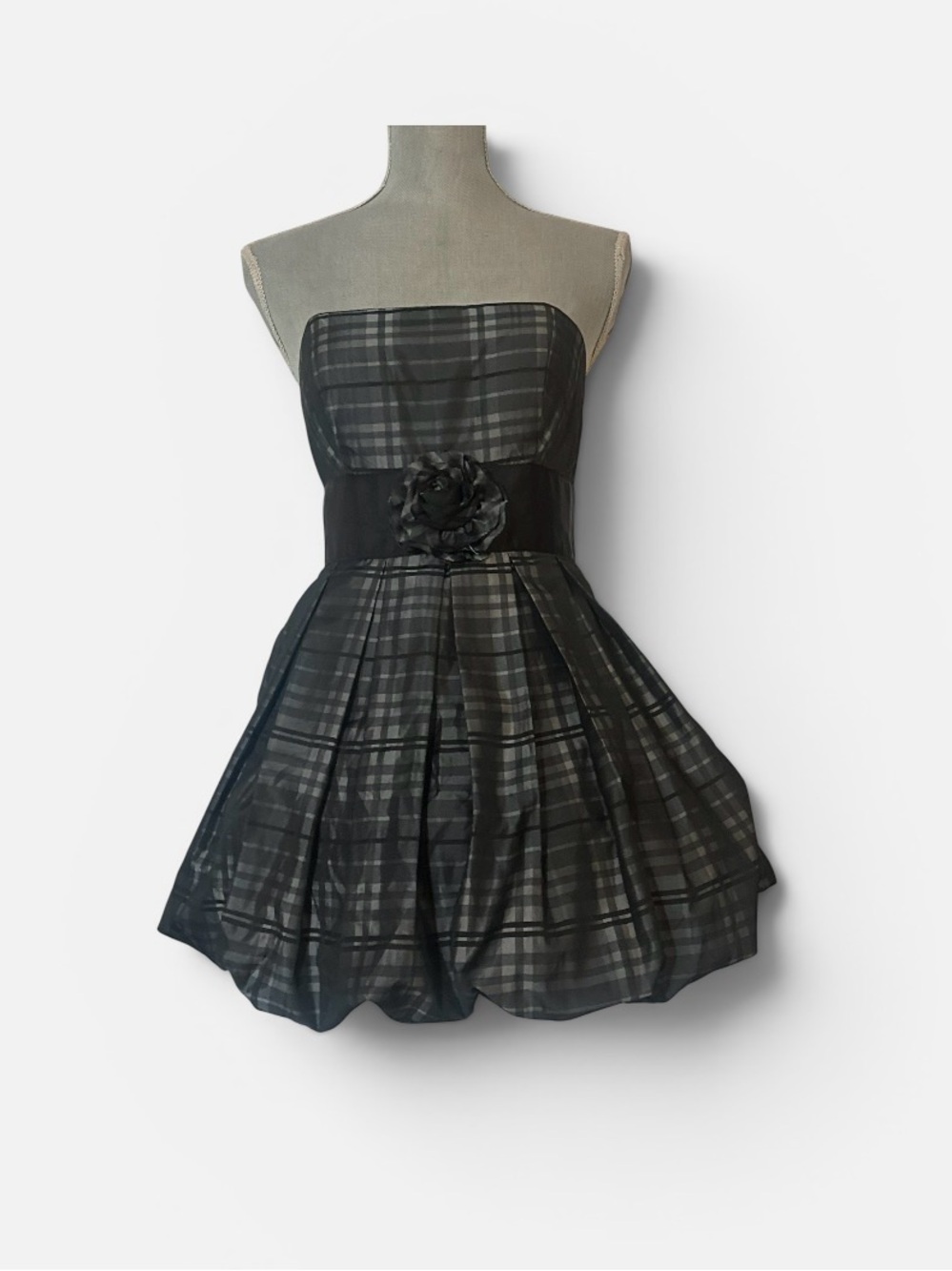London Times Black and Gray Strapless Plaid Prom Dress with Flower Waist